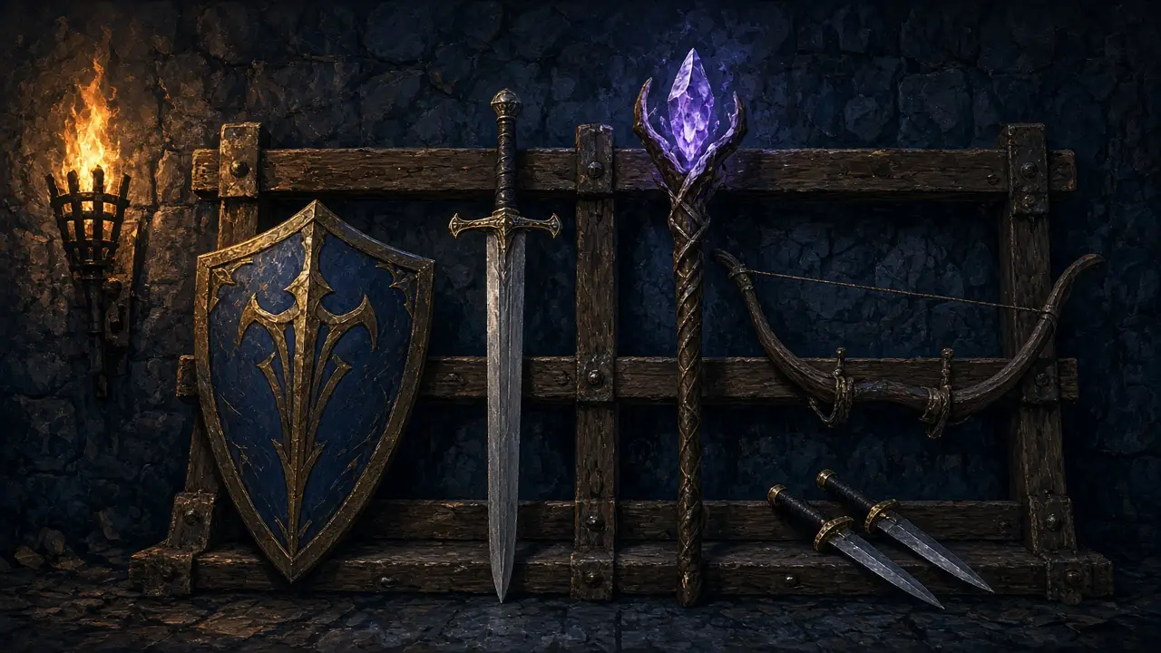 A torchlit weapon rack with a shield, sword, crystal staff, bow, and daggers