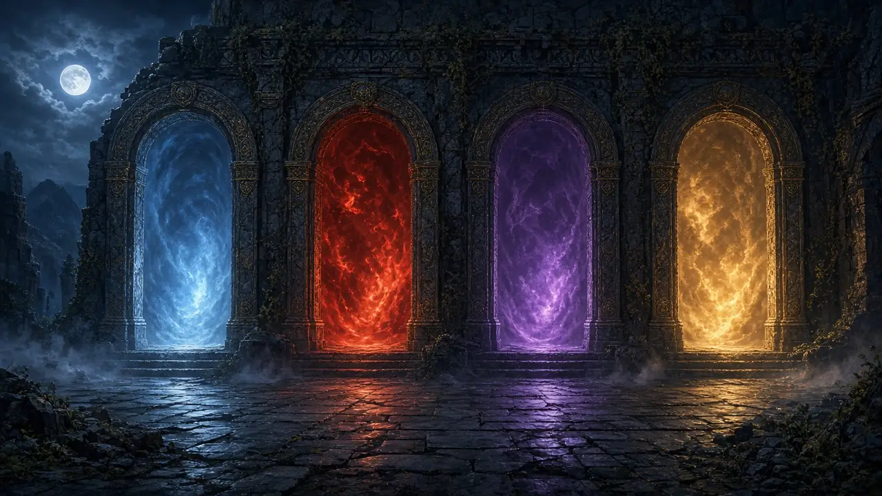 Four glowing stone archways in a moonlit courtyard, each a different color
