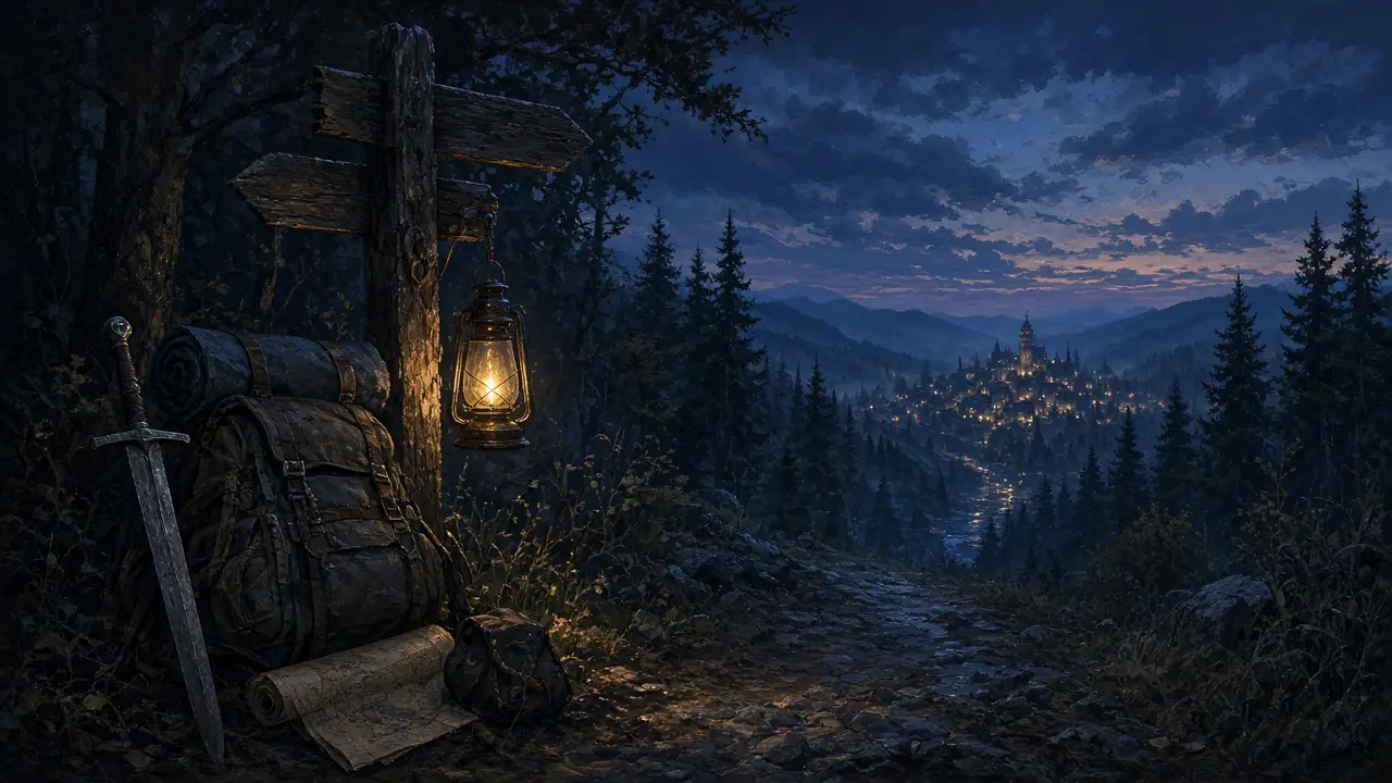 A traveler's pack, map, and lantern at a forest signpost above a glowing village