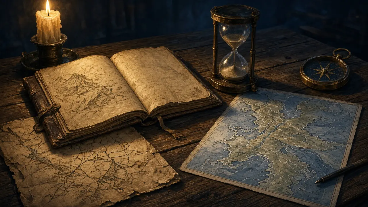 An old journal and faded map beside a new map, an hourglass, and a compass